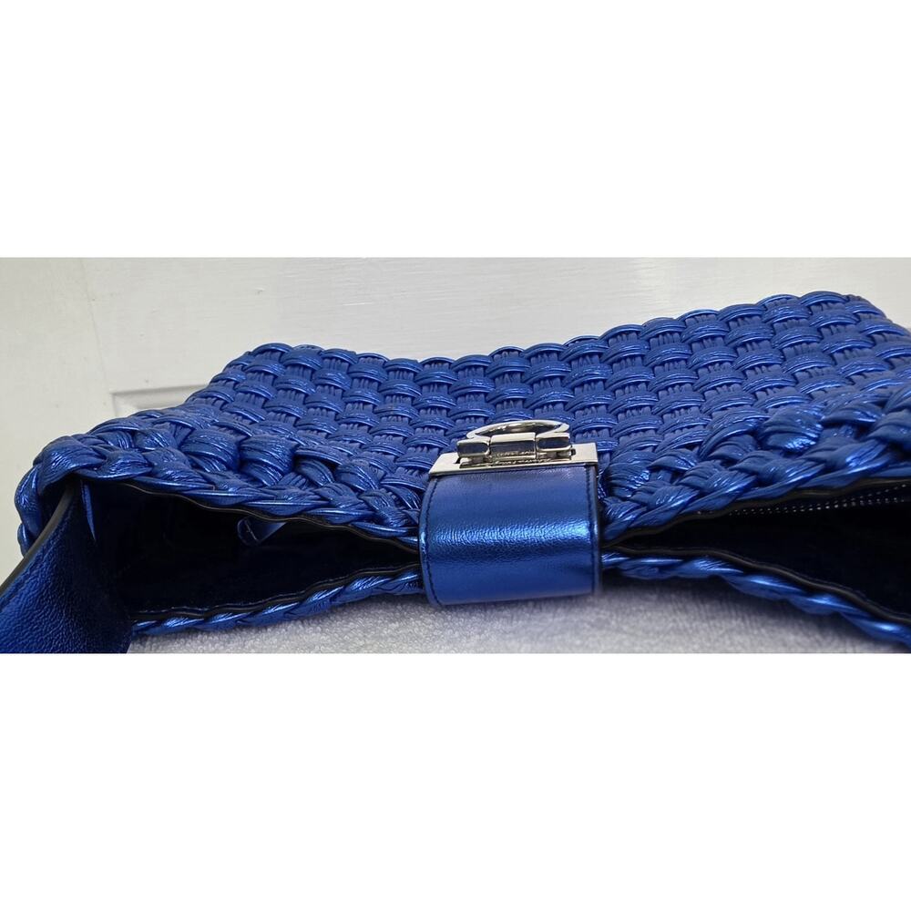 Salvatore Ferragamo Metallic Blue Leather Shoulder Bag Gancini Silver HW w/COA - Picture 11 of 11